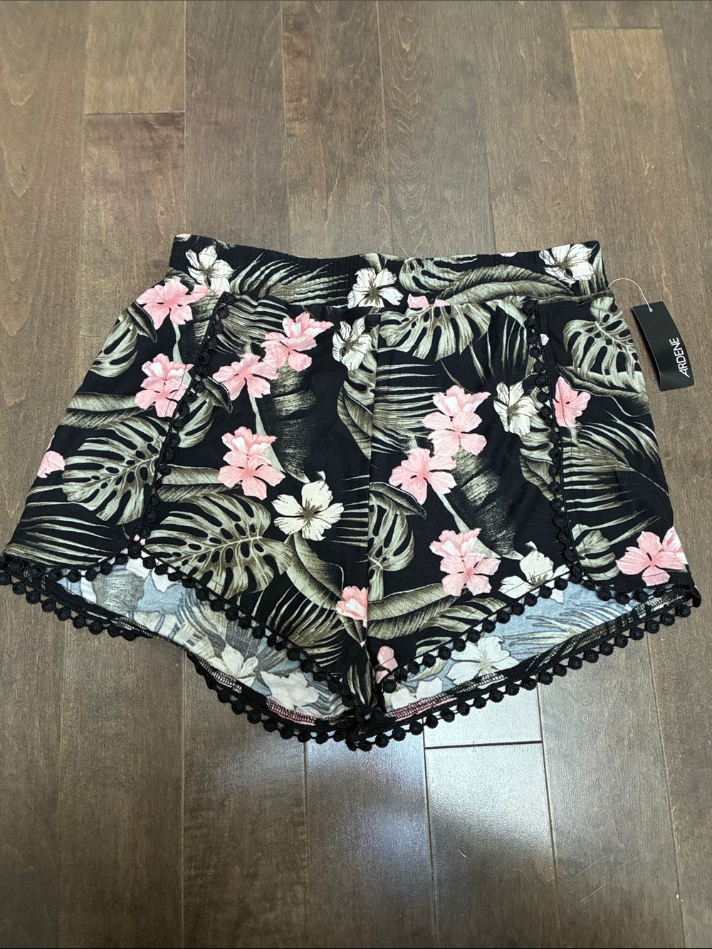 Ardene Black Tropical Floral High-Waist Shorts with Pom Trim NWT